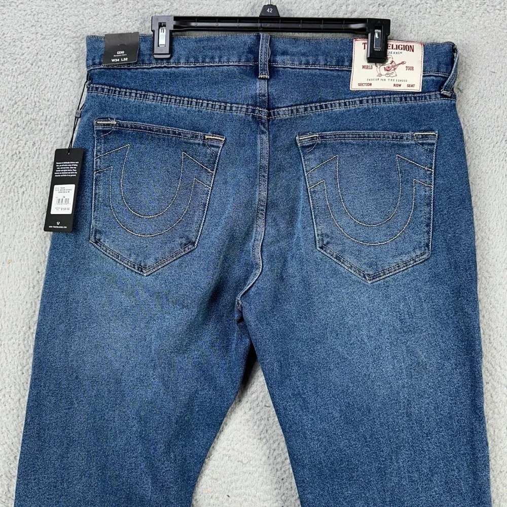 True Religion Geno Men Relaxed Slim Jeans 34 Blue 5 Pocket Distressed Casual NEW